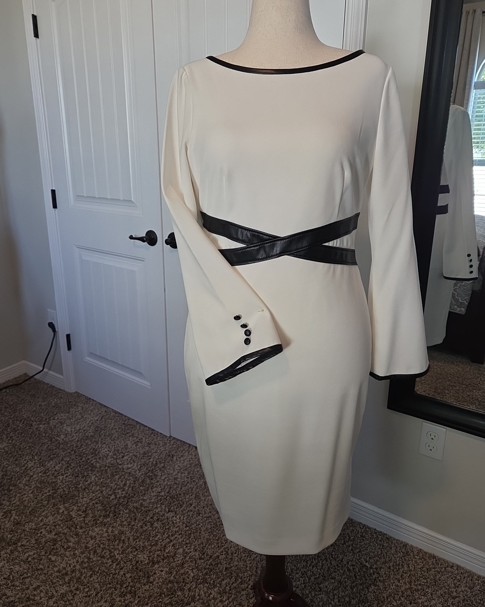CALVIN KLEIN White Sheath Dress with Black Trim and Waist Detail 10